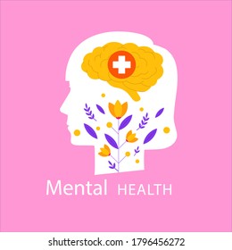 Mental health medical treatment vector illustration. specialist doctor work together to give psychology love therapy for world mental health day concept poster background. Tiny people design style.