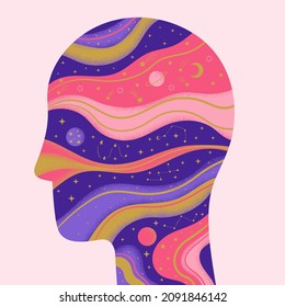 Salud mental, meditación, autoconocimiento, concepto de psicología. Resumen del perfil facial humano con espacio, estrellas y planetas. Ilustración vectorial plana con textura