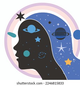 Mental health, meditation, self knowlege, psychology concept. Abstract human face profile with space, stars and planets. Flat vector illustration with texture
