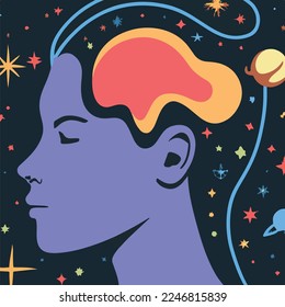 Mental health, meditation, self knowlege, psychology concept. Abstract human face profile with space, stars and planets. Flat vector illustration with texture
