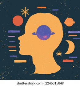 Salud mental, meditación, autoconocimiento, concepto de psicología. Resumen del perfil facial humano con espacio, estrellas y planetas. Ilustración vectorial plana con textura
