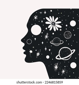 Mental health, meditation, self knowlege, psychology concept. Abstract human face profile with space, stars and planets. Flat vector illustration with texture
