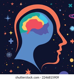 Mental health, meditation, self knowlege, psychology concept. Abstract human face profile with space, stars and planets. Flat vector illustration with texture
