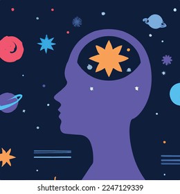 Mental health, meditation, self knowlege, psychology concept. Abstract human face profile with space, stars and planets. Flat vector illustration with texture