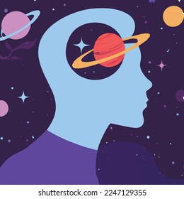 Mental health, meditation, self knowlege, psychology concept. Abstract human face profile with space, stars and planets. Flat vector illustration with texture