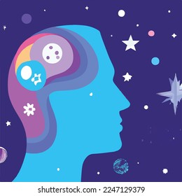 Mental health, meditation, self knowlege, psychology concept. Abstract human face profile with space, stars and planets. Flat vector illustration with texture