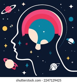 Mental health, meditation, self knowlege, psychology concept. Abstract human face profile with space, stars and planets. Flat vector illustration with texture