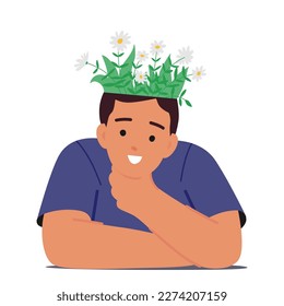 Mental Health and Mind Balance Concept with Happy Positive Male Character with Beautiful Blooming Flowers Growing in Head. Positive Thinking, Brain Treatment. Cartoon People Vector Illustration