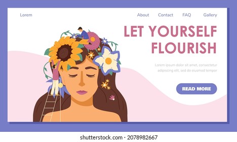Mental health, mind and brain development website banner mockup, flat vector illustration. Psychological health and therapy for positive mindset concept of web banner.