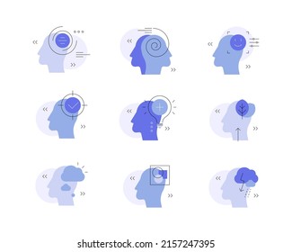 Mental health. Mind. Self control. Set of icons. Modern flat illustrations. Vector file.