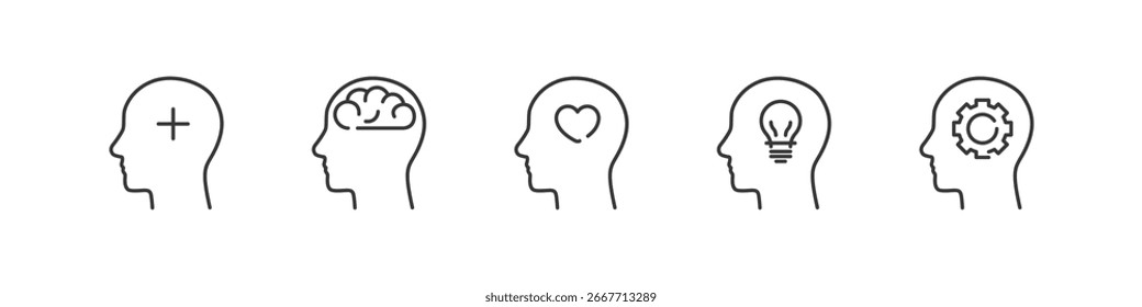 Salud mental y conjunto mental de iconos lineales. Colección de emociones y estados psicológicos.
