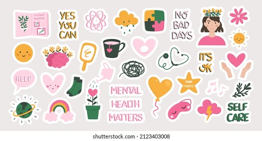 Mental health, mind therapy, self care and love, compassion and positive thinking concept collection of hand drawn flat stickers vector illustration.