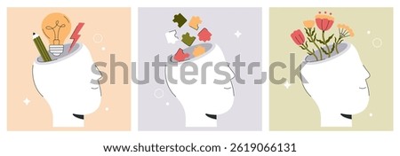 Mental Health and Mindfulness Set. Creative Ideas, Brain Puzzle Pieces and Emotional Growth with Blooming Flowers – Psychology Concept for Psychotherapy, Self-Care and Healing Flat Vector Illustration