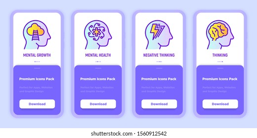 Mental health mobile user interface with copy space and thin line icons: mental growth, negative thinking, self education. Psychological health. Modern vector illustration for mobile app.