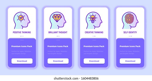 Mental health mobile user interface with copy space and thin line icons: positive thinking, brilliant thought, creativity, self identity. Psychological health. Vector illustration for mobile app.