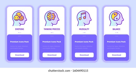 Mental health mobile user interface with copy space and thin line icons: emotions, thinking process, musicality, balance. Psychological health. Modern vector illustration for mobile app.