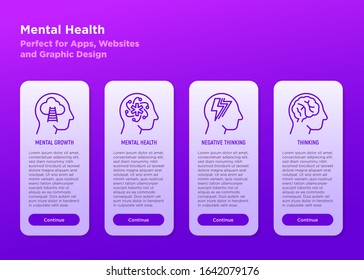 Mental health mobile user interface with copy space and thin line icons: mental growth, negative thinking, self education. Psychological health. Modern vector illustration for mobile app.