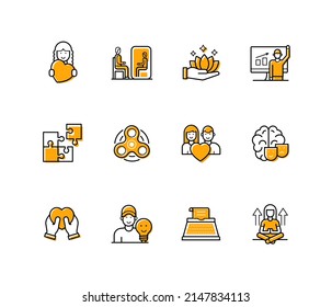 Salud mental - iconos de diseño de línea moderna con trazo editable. Autoaceptación, espejo, meditación, relaciones, sublimación en creatividad, actividad cerebral, rompecabezas, buena idea