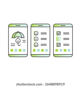 Mental health mood tracker app icons. Daily check-in symbols. Emotional state monitoring. User profile and log features. Line style vector set. Editable outline pictograms. Medical insurance