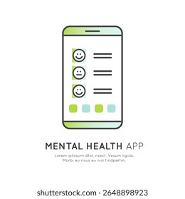 Mental health mood tracker app icons. Daily check-in symbols. Emotional state monitoring. User profile and log features. Line style vector set. Editable outline pictograms. Medical insurance