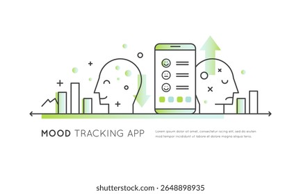 Mental health mood tracker app icons. Daily check-in symbols. Emotional state monitoring. User profile and log features. Line style vector set. Editable outline pictograms. Medical insurance