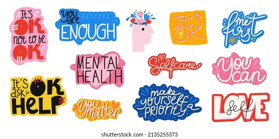 Mental Health. Motivational And Inspirational Quote. Positive Thoughts Lettering. Psychology Calligraphy. Typography Print For Card, Poster Or T-shirt, Badges And Sticker. Vector Set