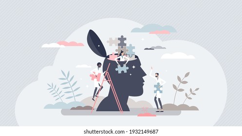Mental health and negative sick mind thought treatment tiny person concept. Emotional disorder and psychology doctor help with therapy and trouble research vector illustration. Caring anxiety issues.