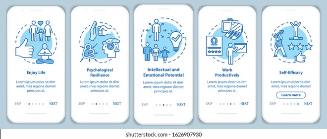 Mental health onboarding mobile app page screen with concepts. Work productively. Psychological wellness walkthrough five steps graphic instructions. UI vector template with RGB color illustrations