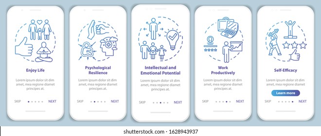 Mental health onboarding mobile app page screen with concepts. Psychological wellness walkthrough five steps graphic instructions. Enjoy life. UI vector template with RGB color illustrations