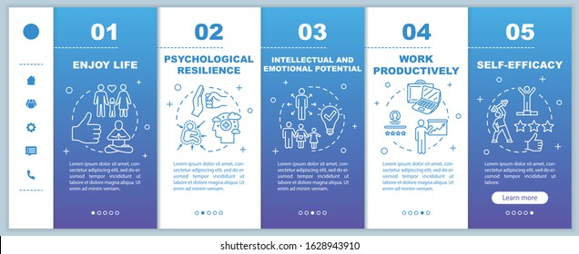 Mental health onboarding vector template. Psychological wellness. Enjoy life. Work productively. Self efficacy. Responsive mobile website, icons. Webpage walkthrough step screens. RGB color concept