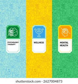 Mental Health Package Labels. Vector Thin Outline Psychology Linear Symbols. Wellness and Awareness Month Design. Therapy Line Art Packaging Background.