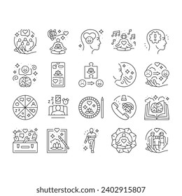 mental health people care mind icons set vector. emotion support, psychology therapy, positive happy, stress help, world illness mental health people care mind black contour illustrations