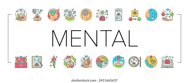 mental health people care mind icons set vector. emotion support, psychology therapy, positive happy, stress help, world illness mental health people care mind color line illustrations