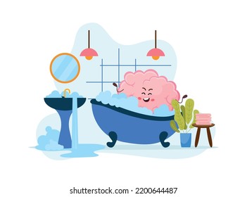 Mental health positive design concept with happy cartoon brain character bathing in bathroom flat vector illustration