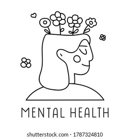 Mental health. Positive girl. Hand drawn outline illustration on white background.
