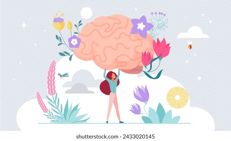 Salud mental, mentalidad positiva, relax y autocuidado. Niña pequeña que sostiene el cerebro humano en flores florecientes para proteger y cuidar la mente, terapia psicológica para pensamientos ilustración vectorial de dibujos animados