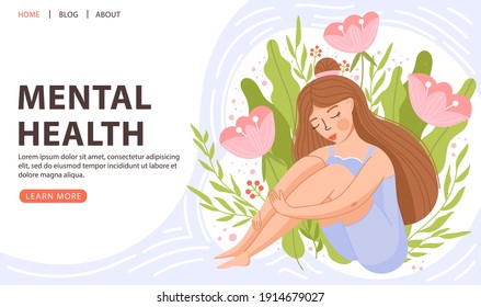 Mental health, positive mindset or self care concept. Cute girl sitting and hugging her knees. Positive woman with floral elements. Landing page template. Vector.