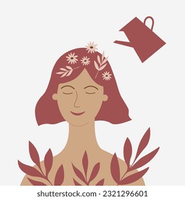 Mental health positive thinking as a way of thinking vector flat illustration. A woman is watering plants that symbolize happy thoughts. Psychology and lifestyle. Design element