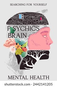 Afiche de salud mental. Banner dibujado a mano abstracto con cabeza y flores en el cerebro. Bienestar Psicológico y Conciencia de Trastornos Mentales. Mindfulness y autodescubrimiento. Ilustración de vector plano de dibujos animados