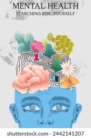 Mental health poster. Hand drawn cover with character head with blooming flowers inside. Psychological well being and mindfulness. Positive thinking and behavior. Cartoon flat vector illustration