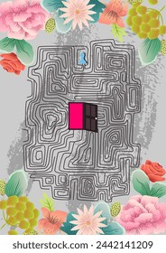 Mental health poster. Hand drawn cover with labyrinth and open door in head. Metaphor of self searching. Awareness of psychological disorders. Thinking and mind. Cartoon flat vector illustration