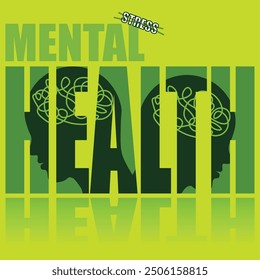 Mental health poster. Vector poster on a social theme. Word mental health on green background with reflection.