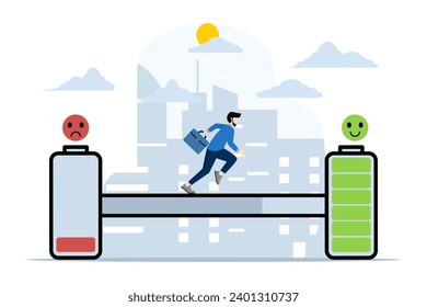 Das Konzept der psychischen Gesundheit, Geschäftsmann, der die Stimmungsbatterie für gute oder Vollzeitarbeit nutzt, lädt Energie auf. kann aufgeladen werden. Ruhezeit oder Erholung. müde und erschöpfte Arbeiter. flache Vektorgrafik.