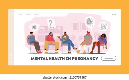 Mental Health in Pregnancy Landing Page Template. Pregnant Women Group Visit Childbirth or Psychology Support Courses with Couch, Speaking About Maternity in Class. Cartoon People Vector Illustration