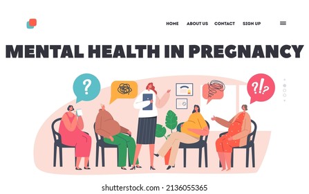 Mental Health In Pregnancy Landing Page Template. Group Of Pregnant Women Visit Support Courses For Psychology Assistance, Couch Character Speak About Maternity. Cartoon People Vector Illustration