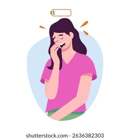 Mental health preservation concept. Woman sad and tired low energy. Stress, emotional burnout. Flat vector illustration.