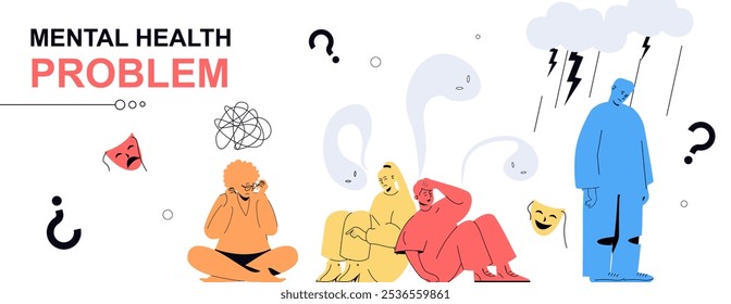 Mental health problem concept in flat cartoon design for web banner. People suffering fears and anxiety, feeling negative emotions, stress and nervous illness, need psychotherapy. Vector illustration.