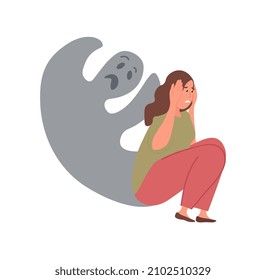 Mental Health Problem concept. Frightened woman with fears in her head sits and covers her ears. Ghost as metaphor for negative emotions and psychological disorder. Cartoon flat vector illustration