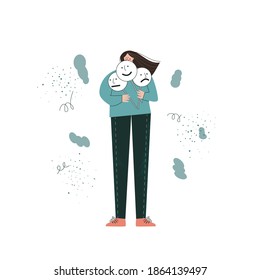 Mental health problem concept. The girl chooses emotions. Anxiety, burnout, multiple personality disorder, loneliness,  inside, mindset. Metaphorical flat vector illustration isolated on white