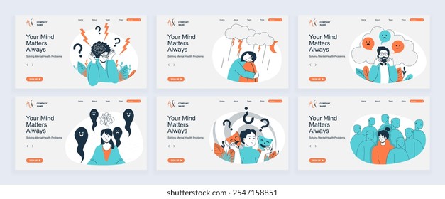 Conceito de problema de saúde mental de landing page com modelos de slide definidos em design plano. Cabeçalhos do site com pessoas sentindo emoções negativas, choro, estresse e doença nervosa. Ilustrações vetoriais.